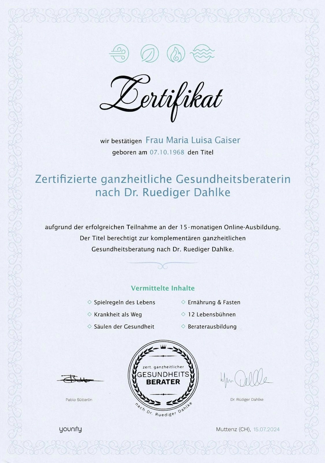 Zertifikat Gesundheitsberatung nach Dahlke