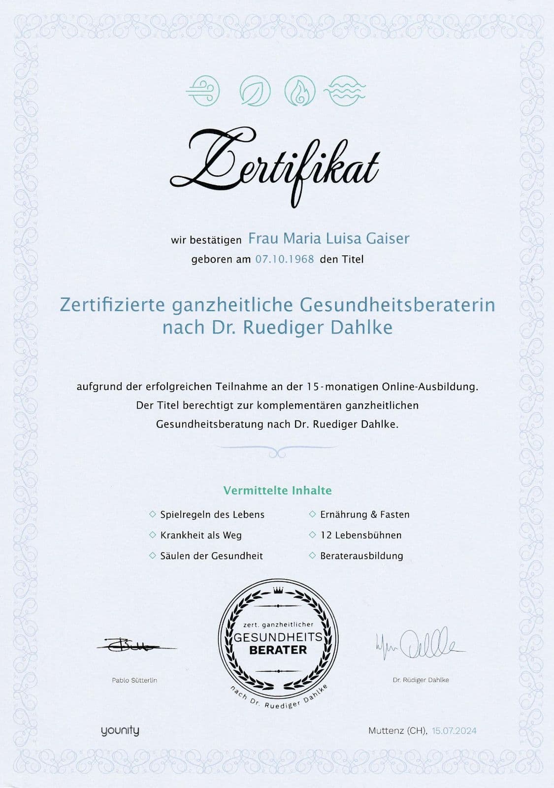 Zertifikat Gesundheitsberatung nach Dahlke