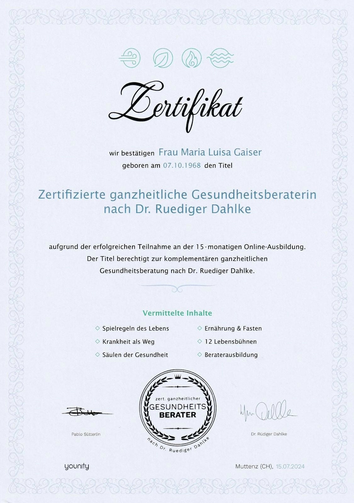 Zertifikat Gesundheitsberatung nach Dahlke