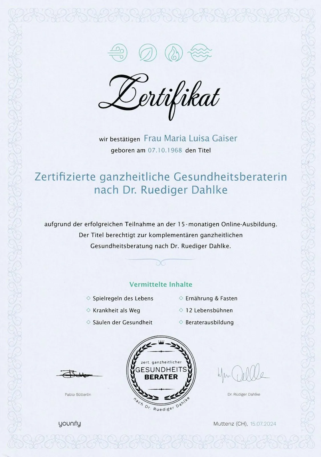 Zertifikat Gesundheitsberatung nach Dahlke